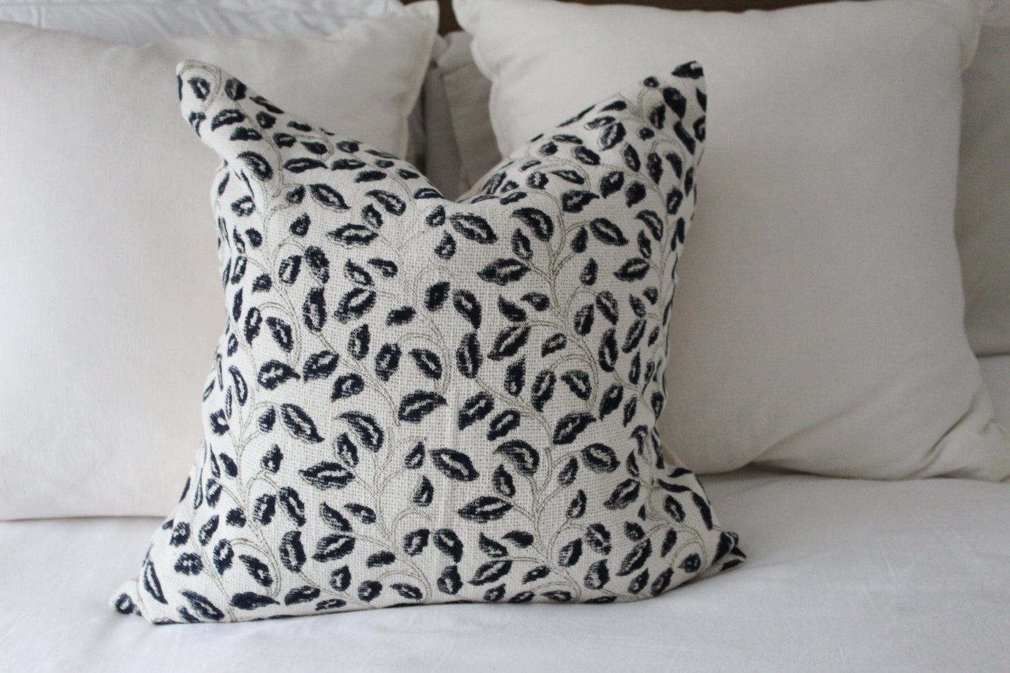 Floral print ivory and navy cotton country cushion 45x45cm