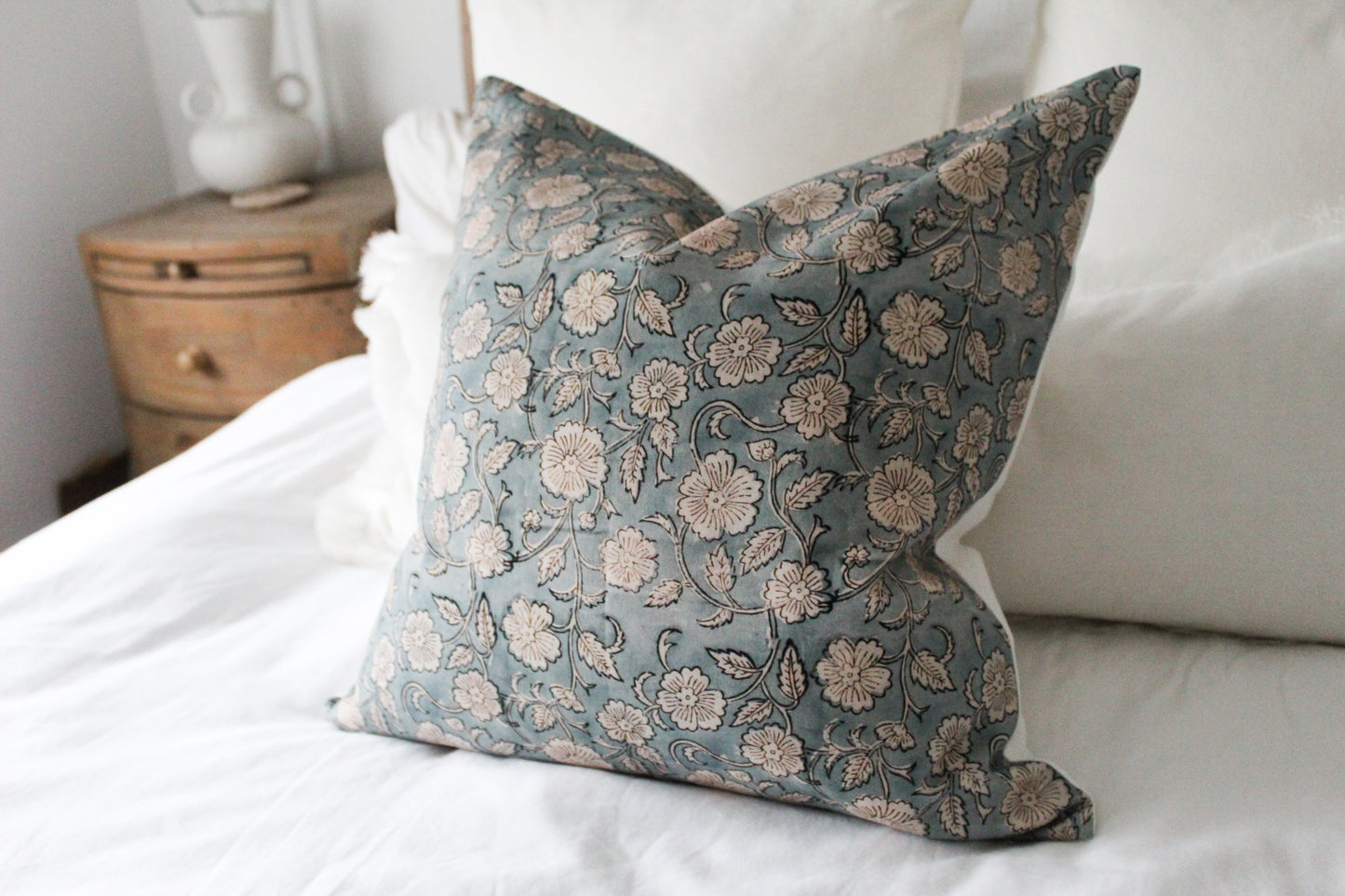Teal floral print cotton cushion 45x45