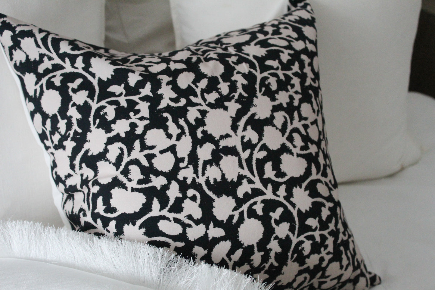 Black floral patterned cotton cushion 45 x 45cm