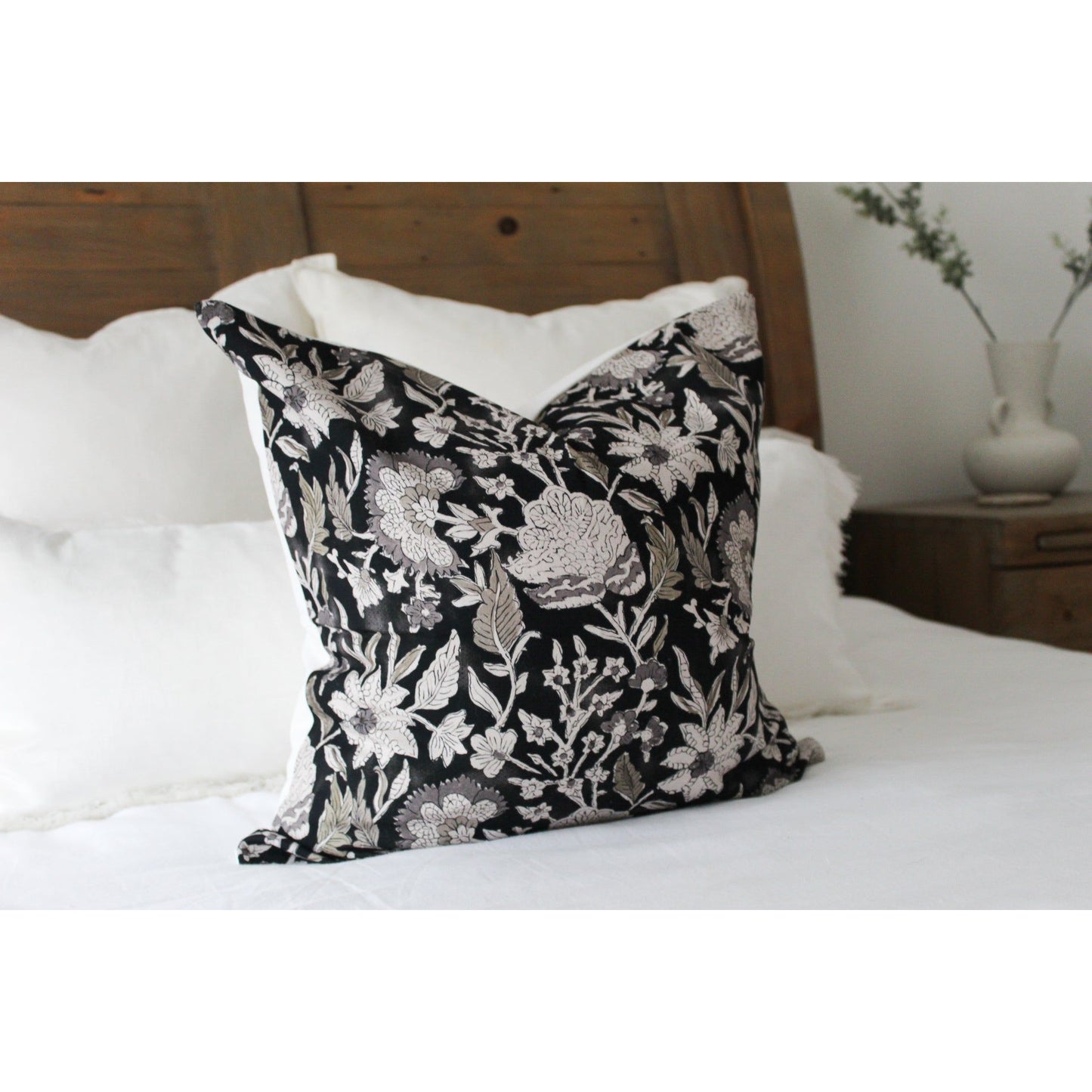 Black and green floral cotton cushion 45 x 45cm