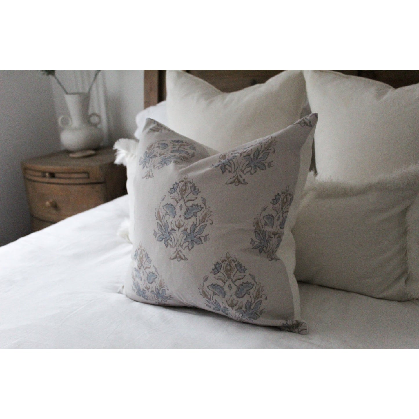 Light grey and blue cotton floral cushion 45 x 45cm