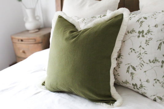 Olive cream fringe trim cotton cushion 45 x 45cm