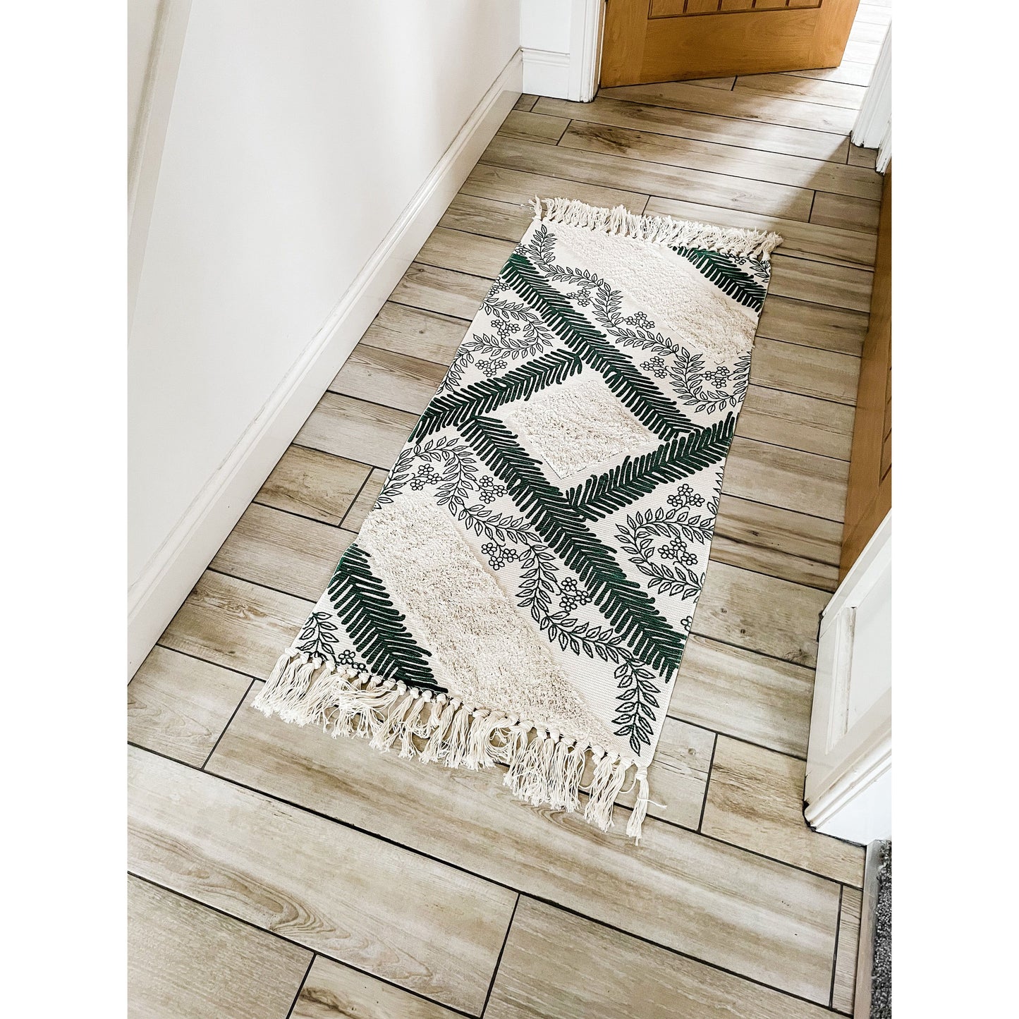 Tufted Hallway Runner in Green with Tassels
