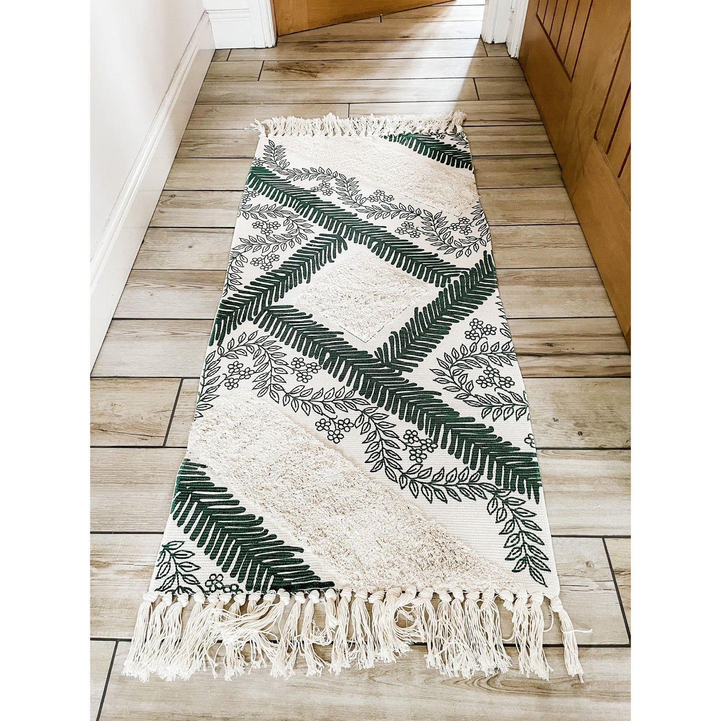 Tufted Hallway Runner in Green with Tassels
