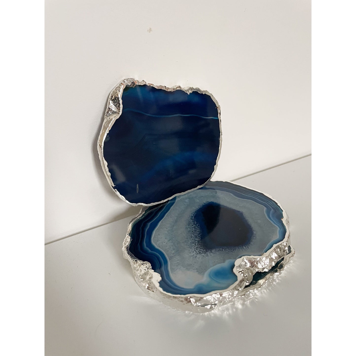 Blue Agate Stone Coasters with Silver Edge