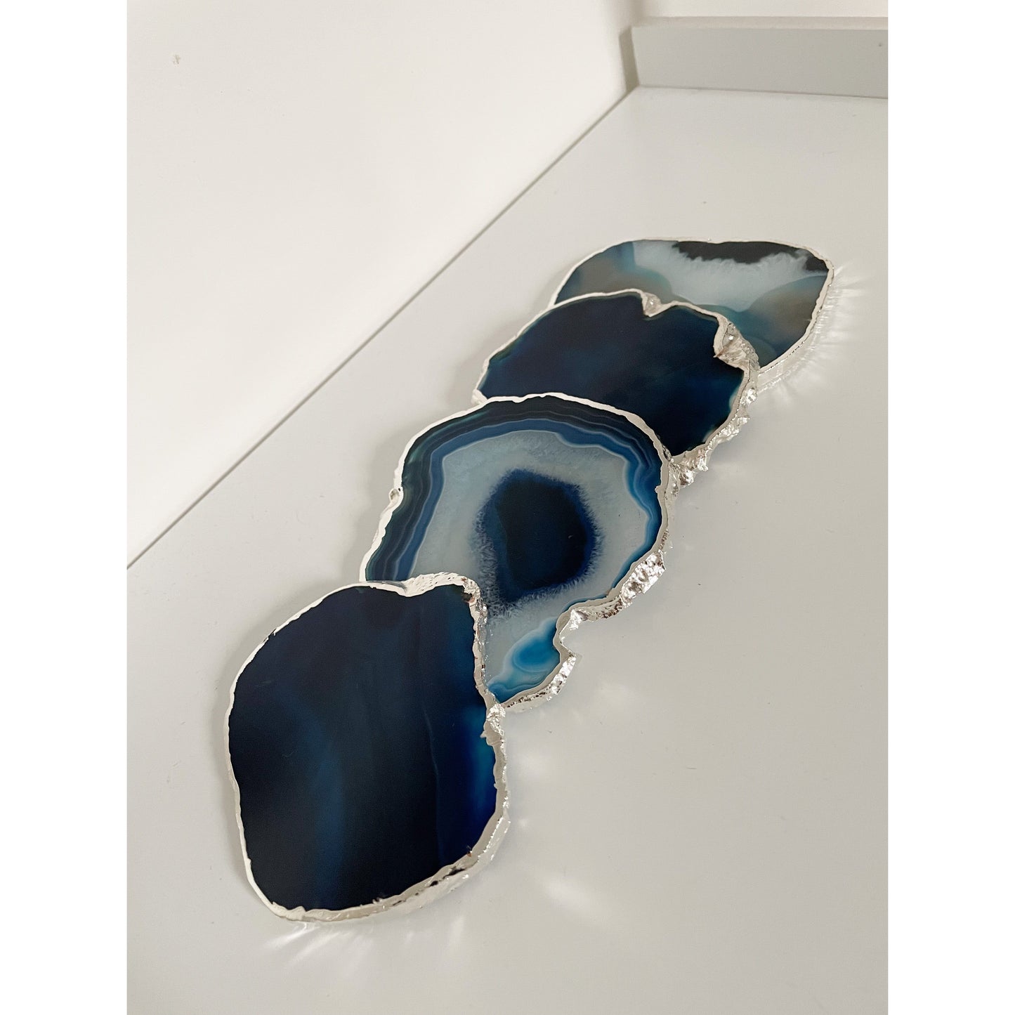 Blue Agate Stone Coasters with Silver Edge
