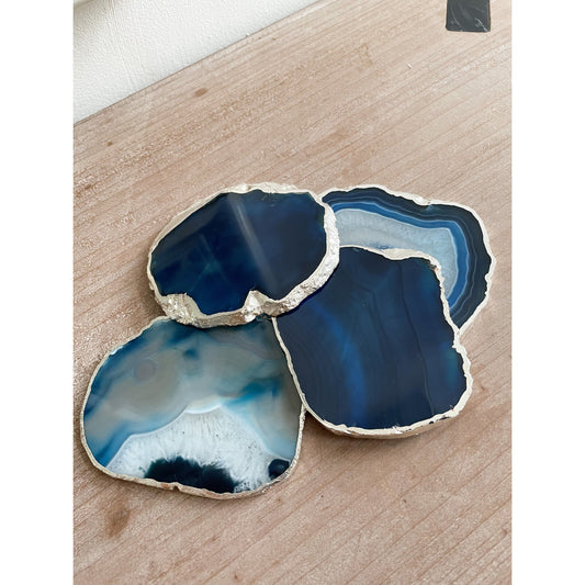 Blue Agate Stone Coasters with Silver Edge