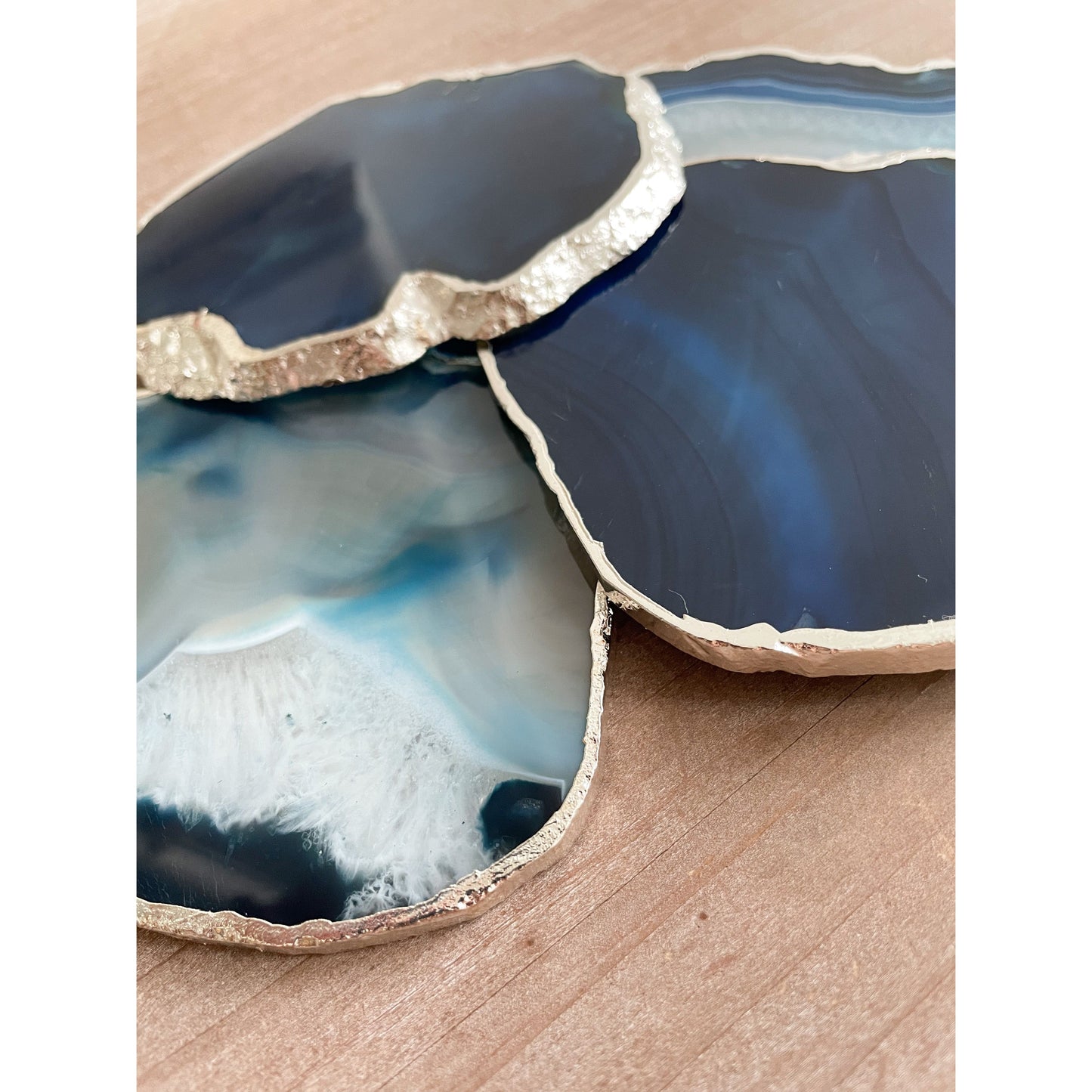 Blue Agate Stone Coasters with Silver Edge