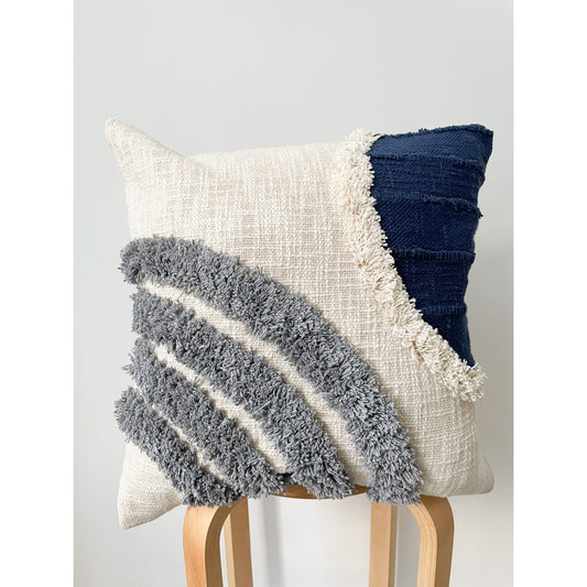 Beige and Blue Tufted Cotton Cushion Cover 45 x 45cm decorative boho navy linen throw pillow case 18x18cm