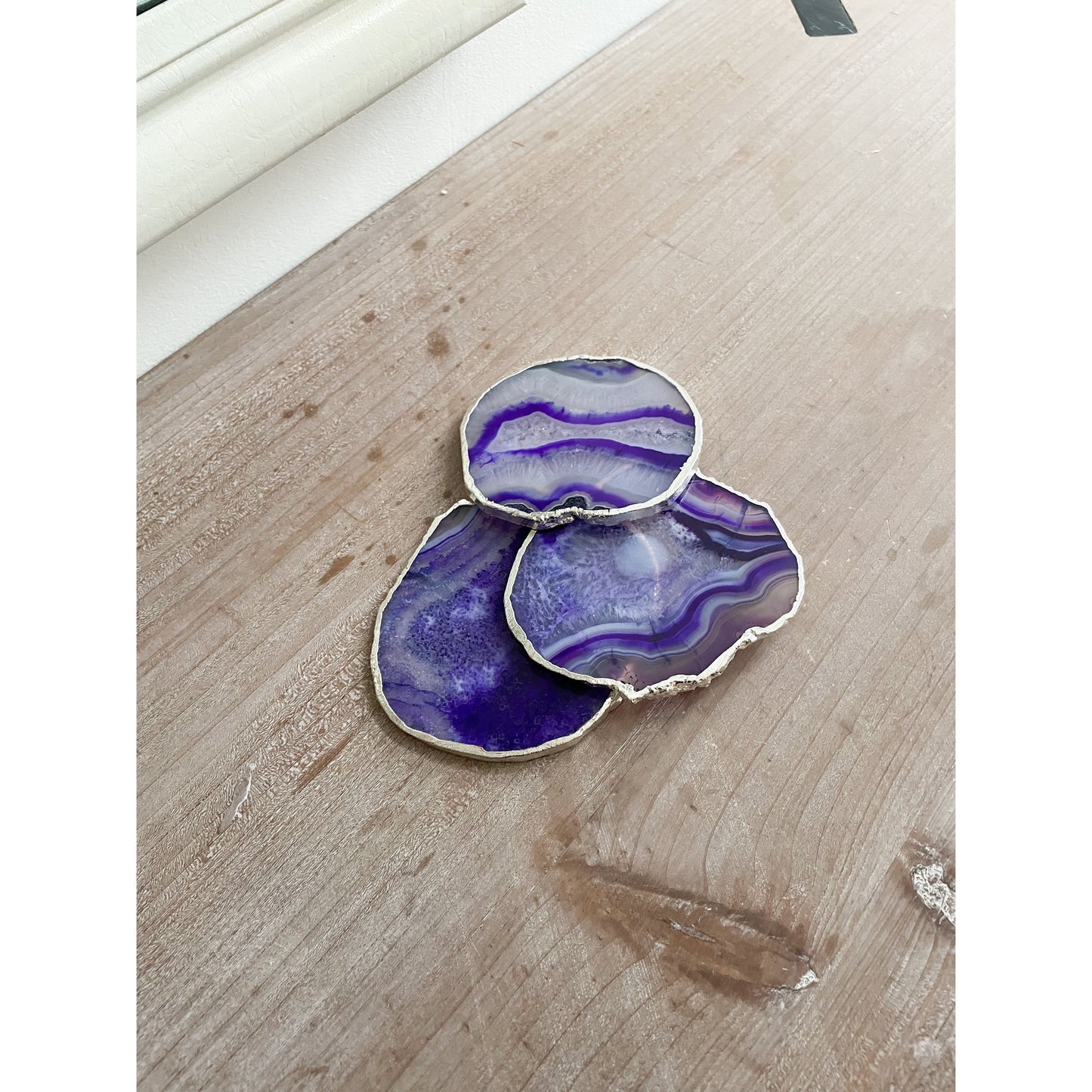 Purple Agate Stone Coasters with Silver Edge