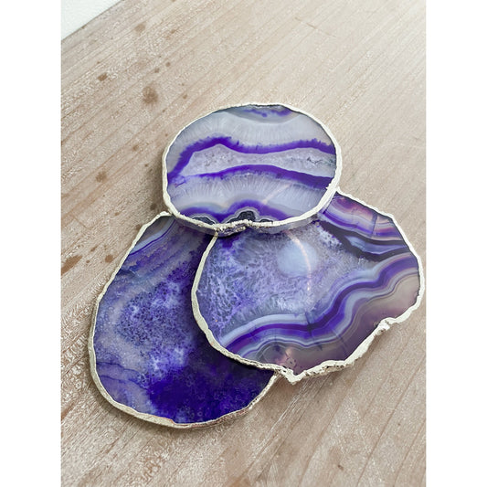 Purple Agate Stone Coasters with Silver Edge