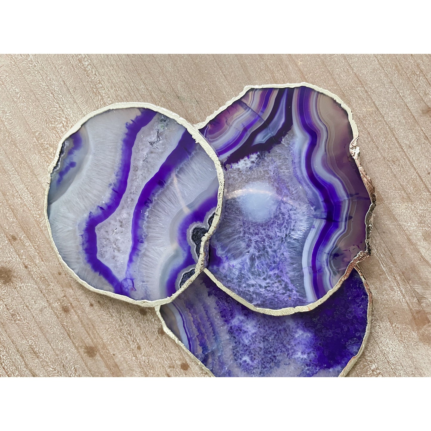 Purple Agate Stone Coasters with Silver Edge