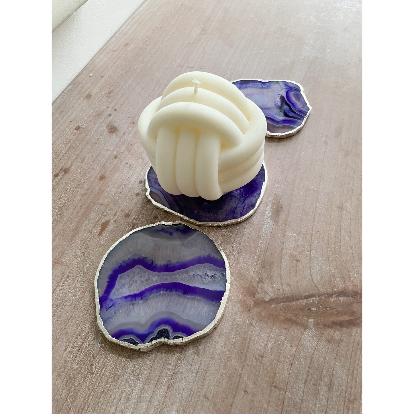 Purple Agate Stone Coasters with Silver Edge