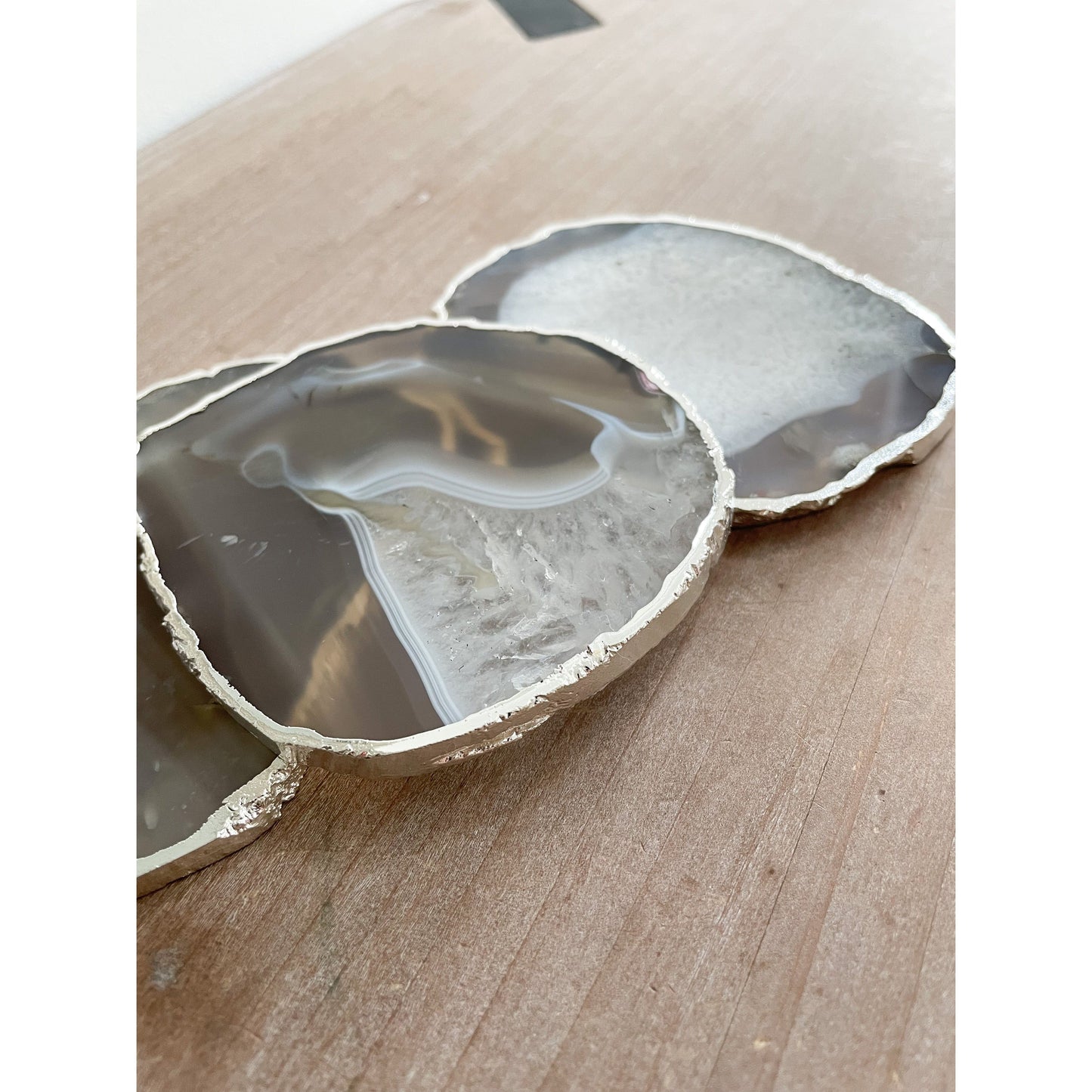 Grey Agate Stone Coasters with Silver Edge