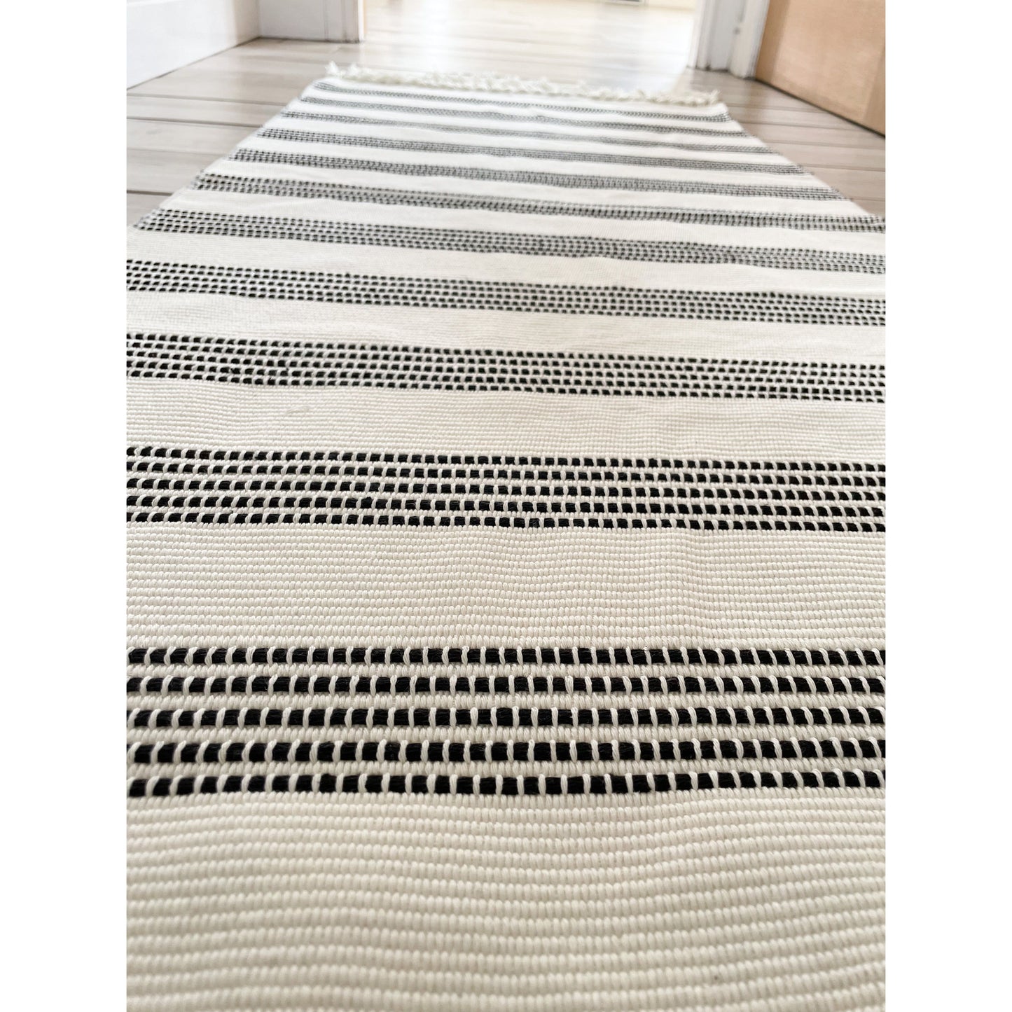 Stripy Black Hallway Runner Tassel Rug - 130 x 60CM