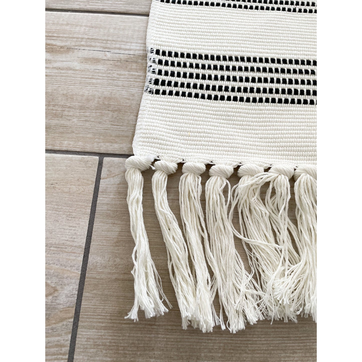Stripy Black Hallway Runner Tassel Rug - 130 x 60CM