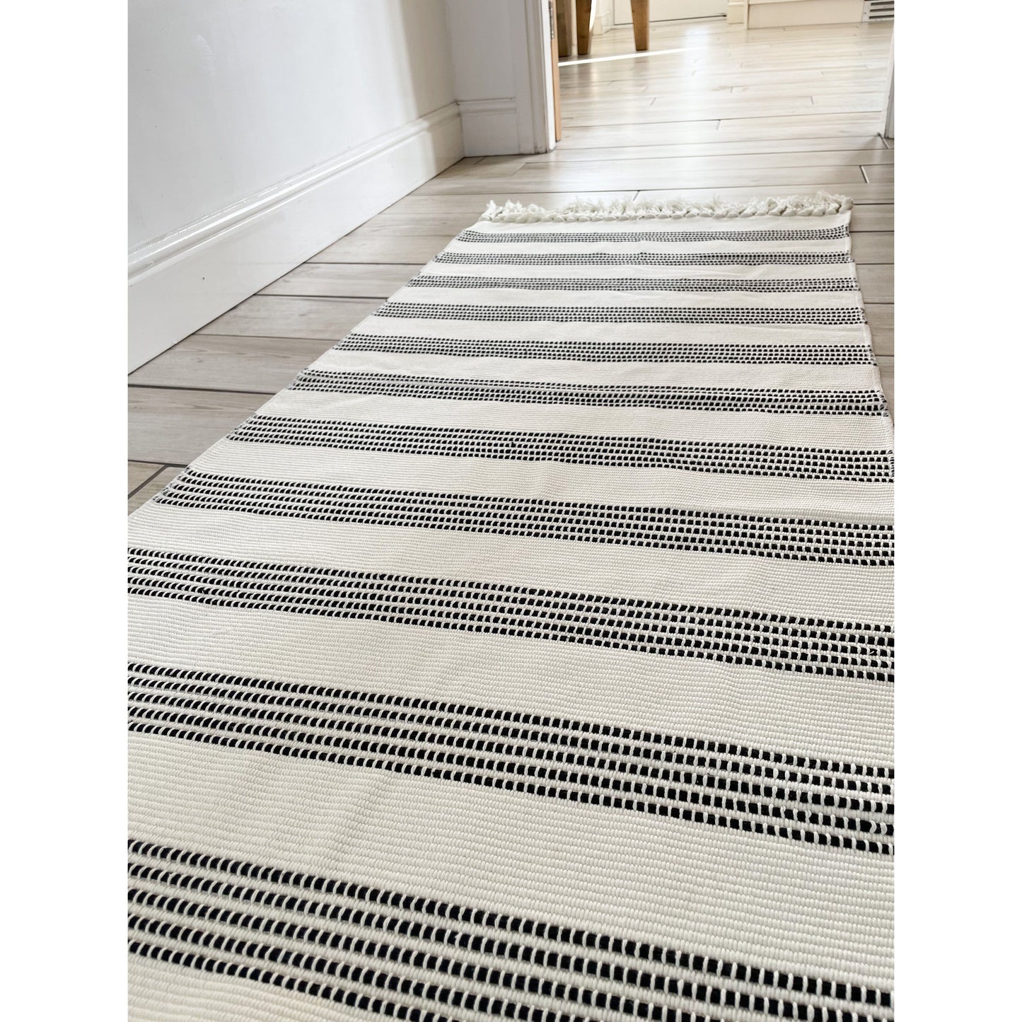 Stripy Black Hallway Runner Tassel Rug - 130 x 60CM