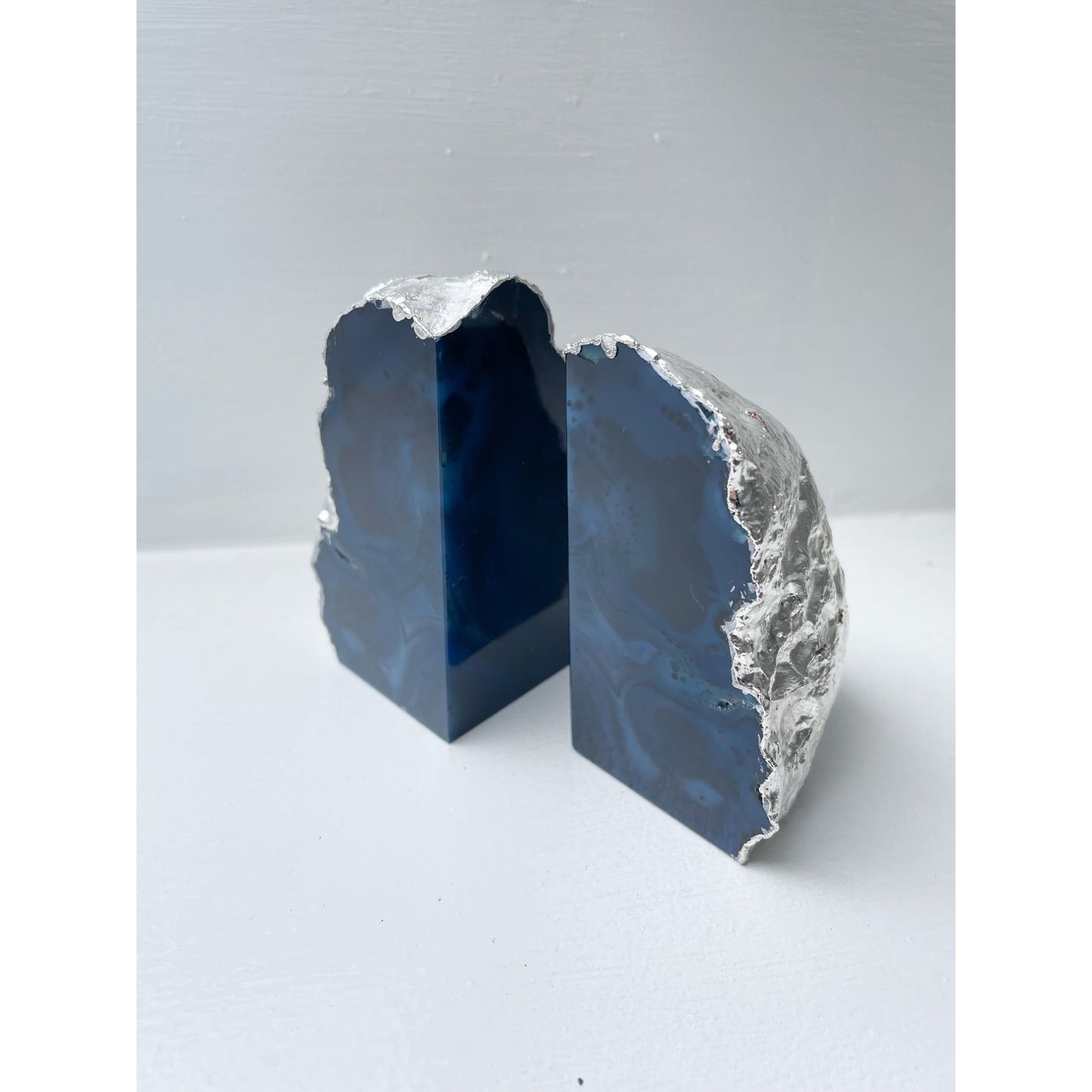 Blue Agate Stone Bookends with Silver Edge
