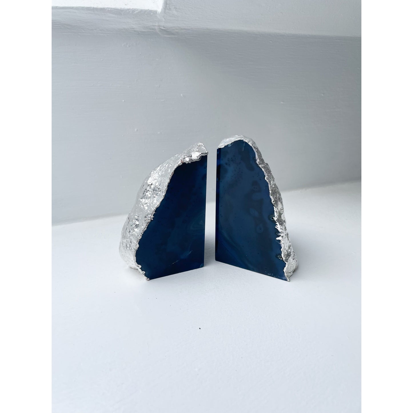 Blue Agate Stone Bookends with Silver Edge