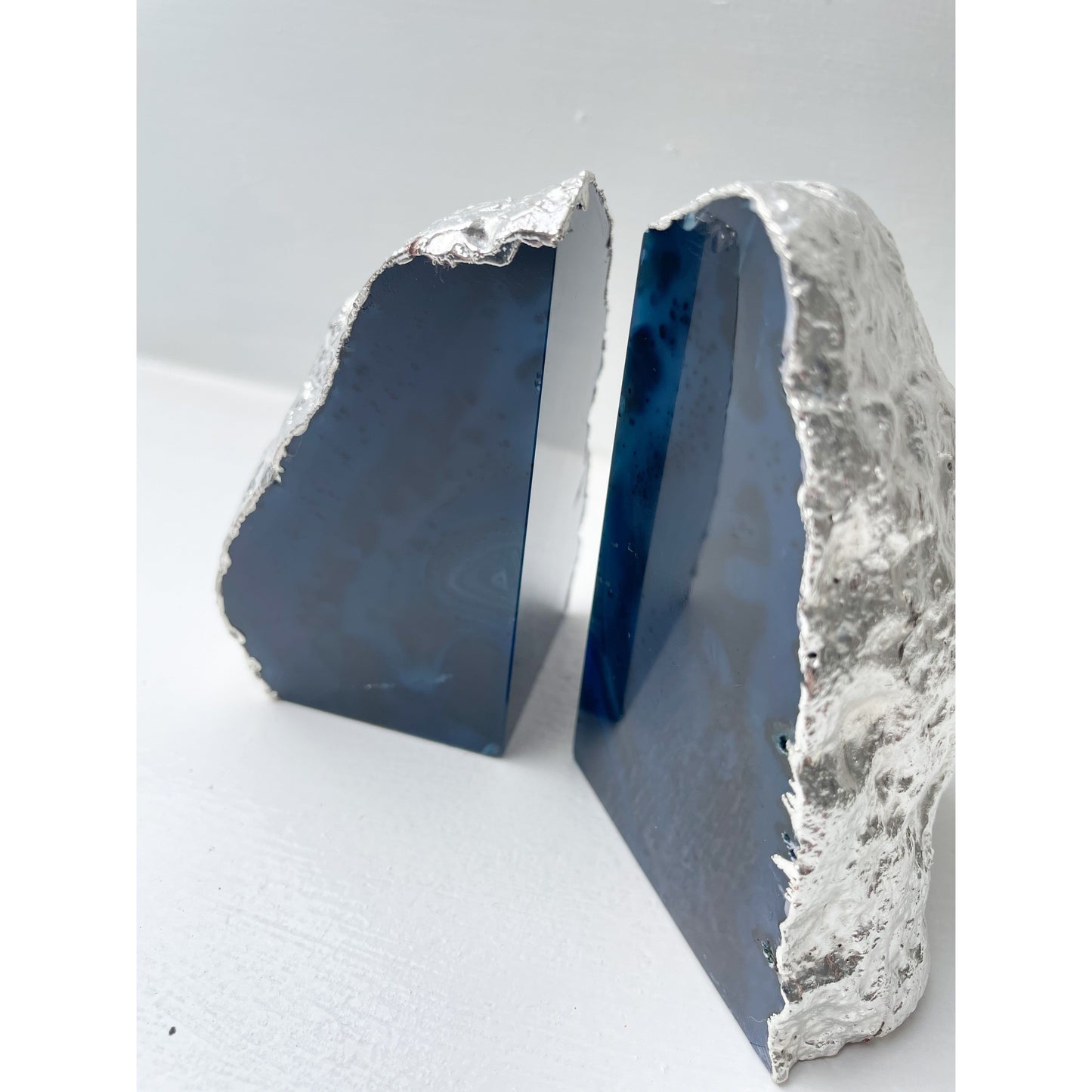 Blue Agate Stone Bookends with Silver Edge