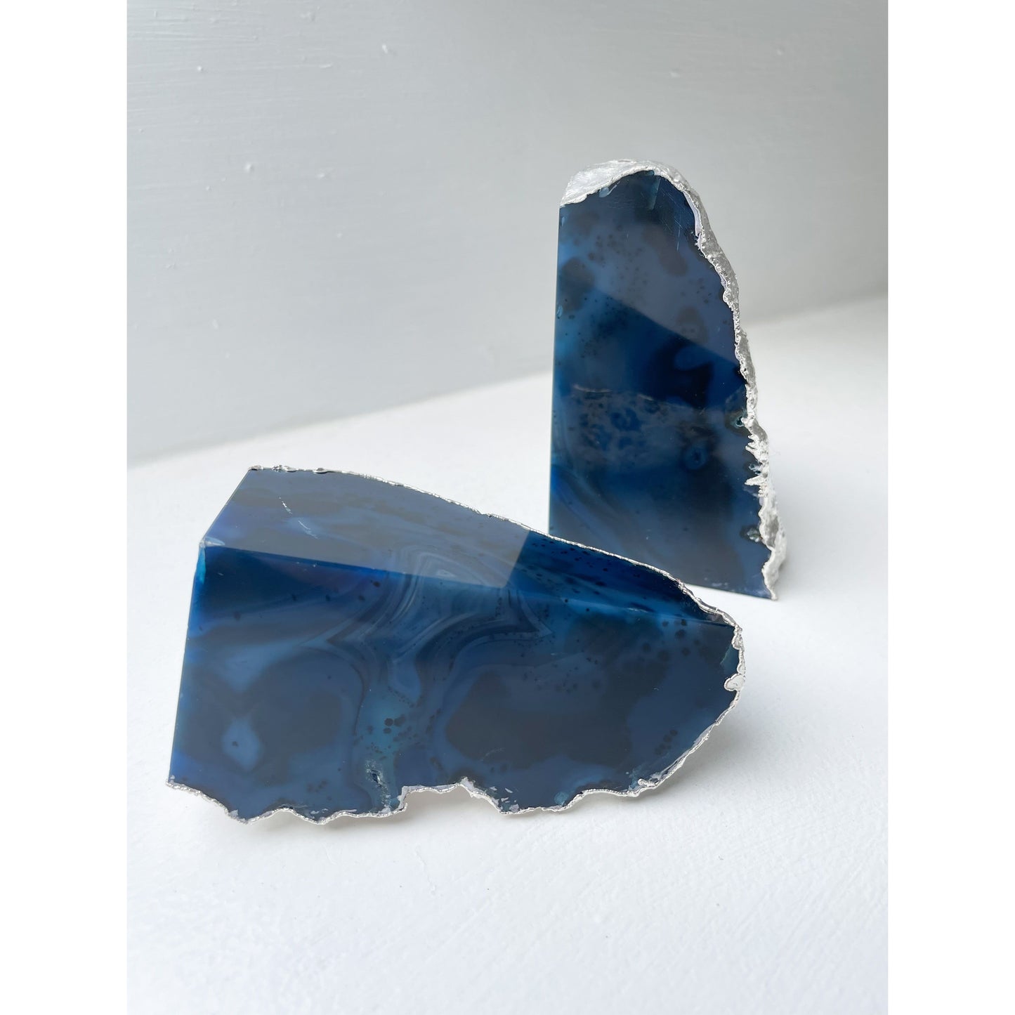 Blue Agate Stone Bookends with Silver Edge