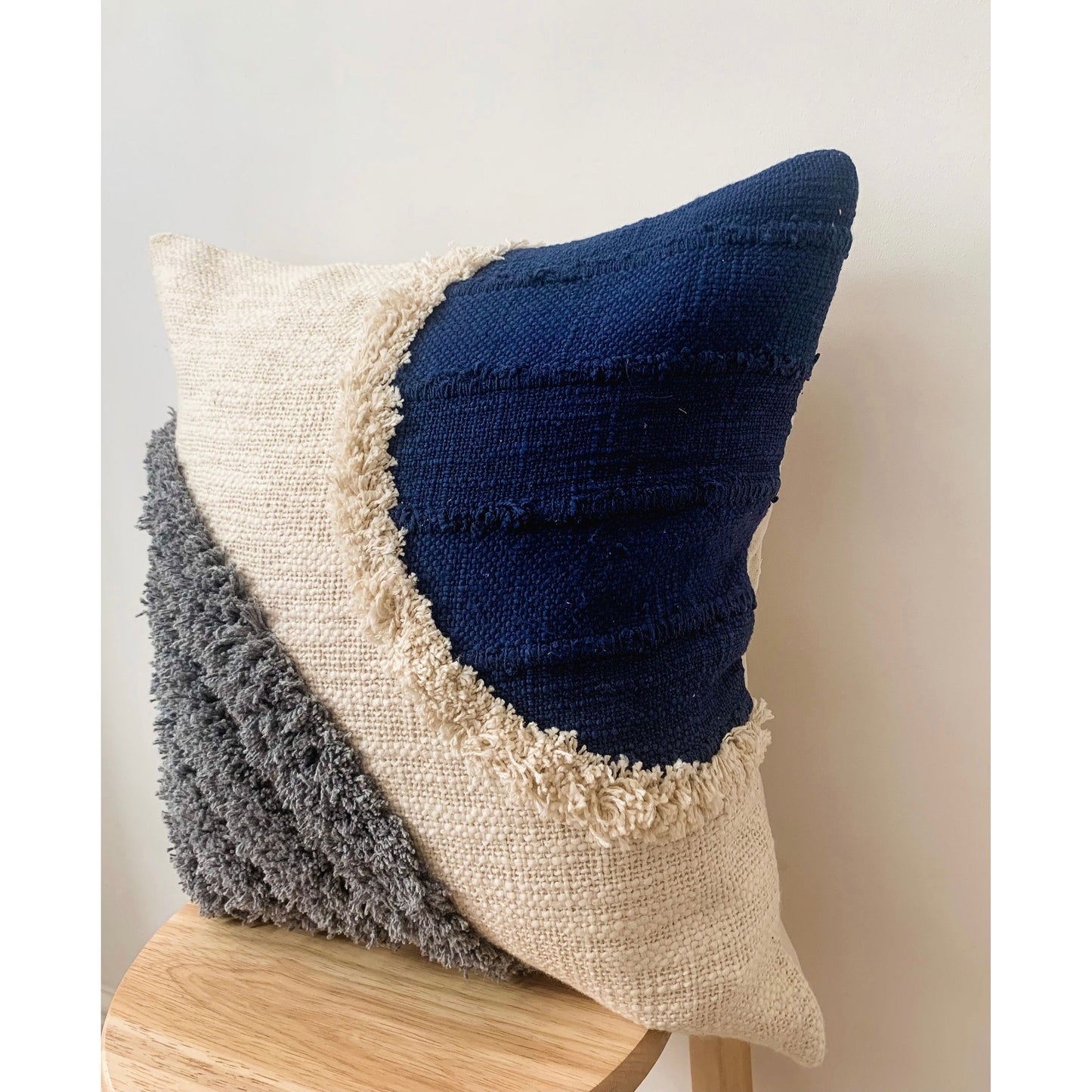 Beige and Blue Tufted Cotton Cushion Cover 45 x 45cm decorative boho navy linen throw pillow case 18x18cm