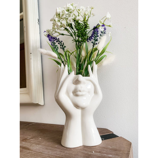 Head in Hand Face Vase in White