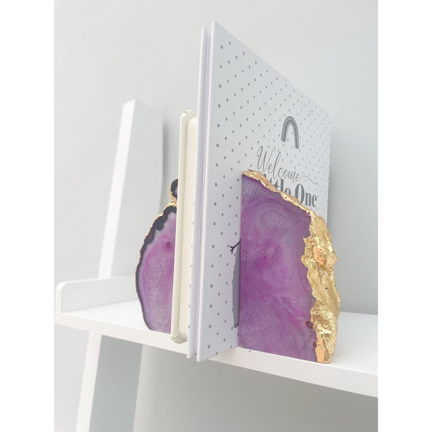 Agate Pink Stone Bookends with Gold Edge