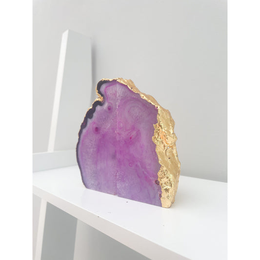 Agate Pink Stone Bookends with Gold Edge