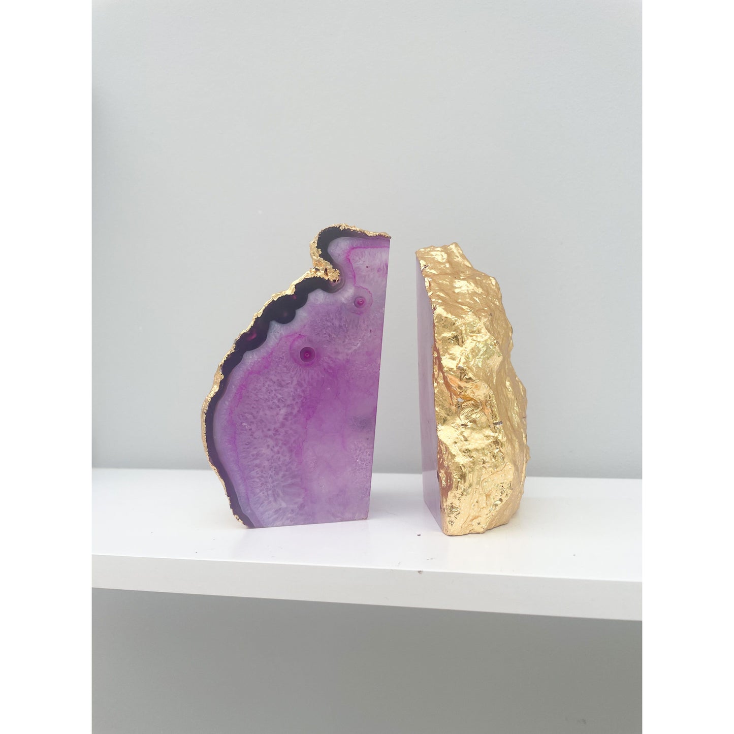 Agate Pink Stone Bookends with Gold Edge