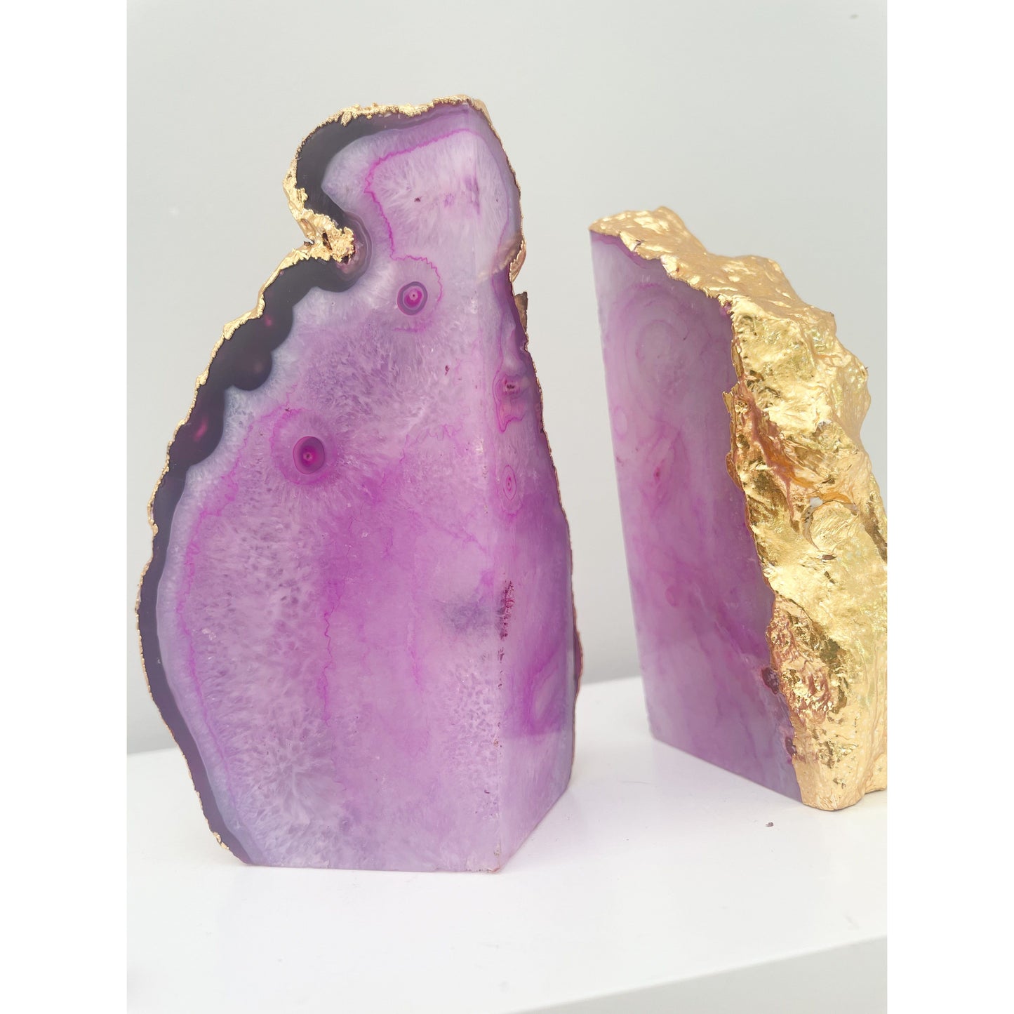 Agate Pink Stone Bookends with Gold Edge
