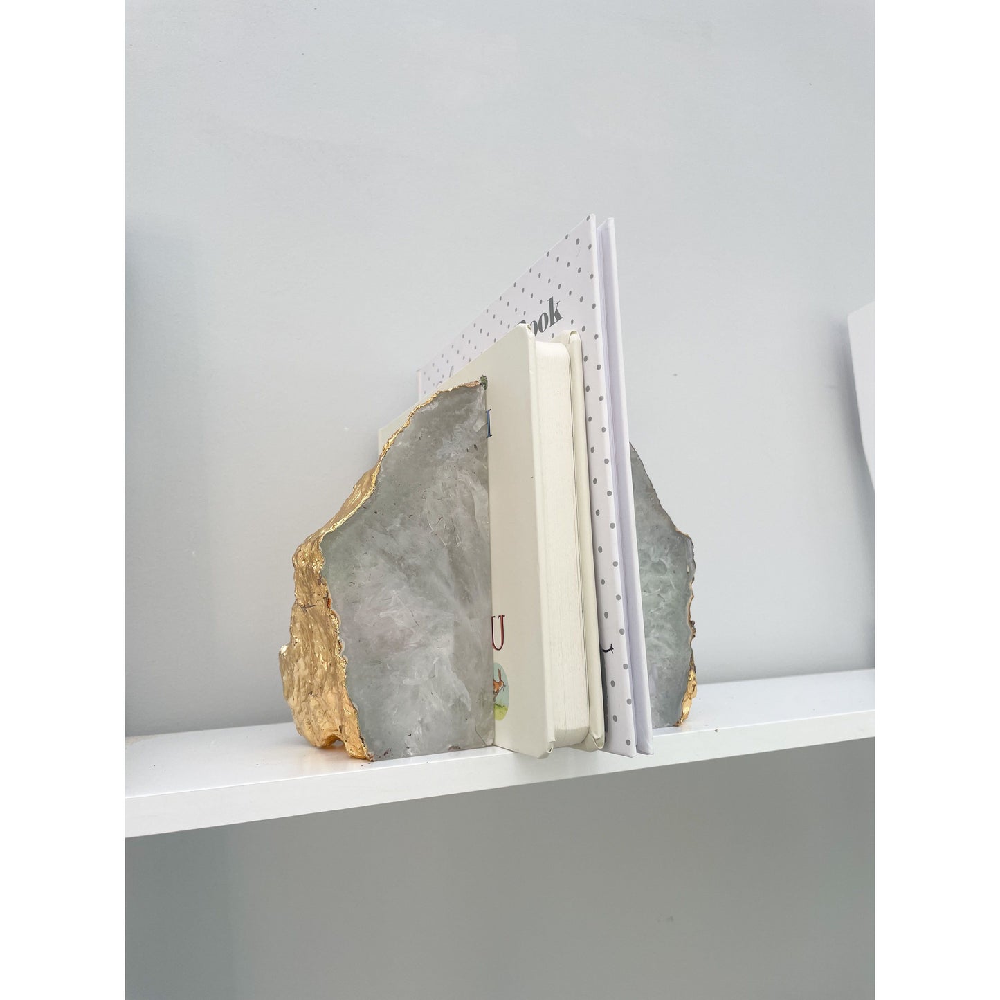 White Agate Stone Bookends with gold edge