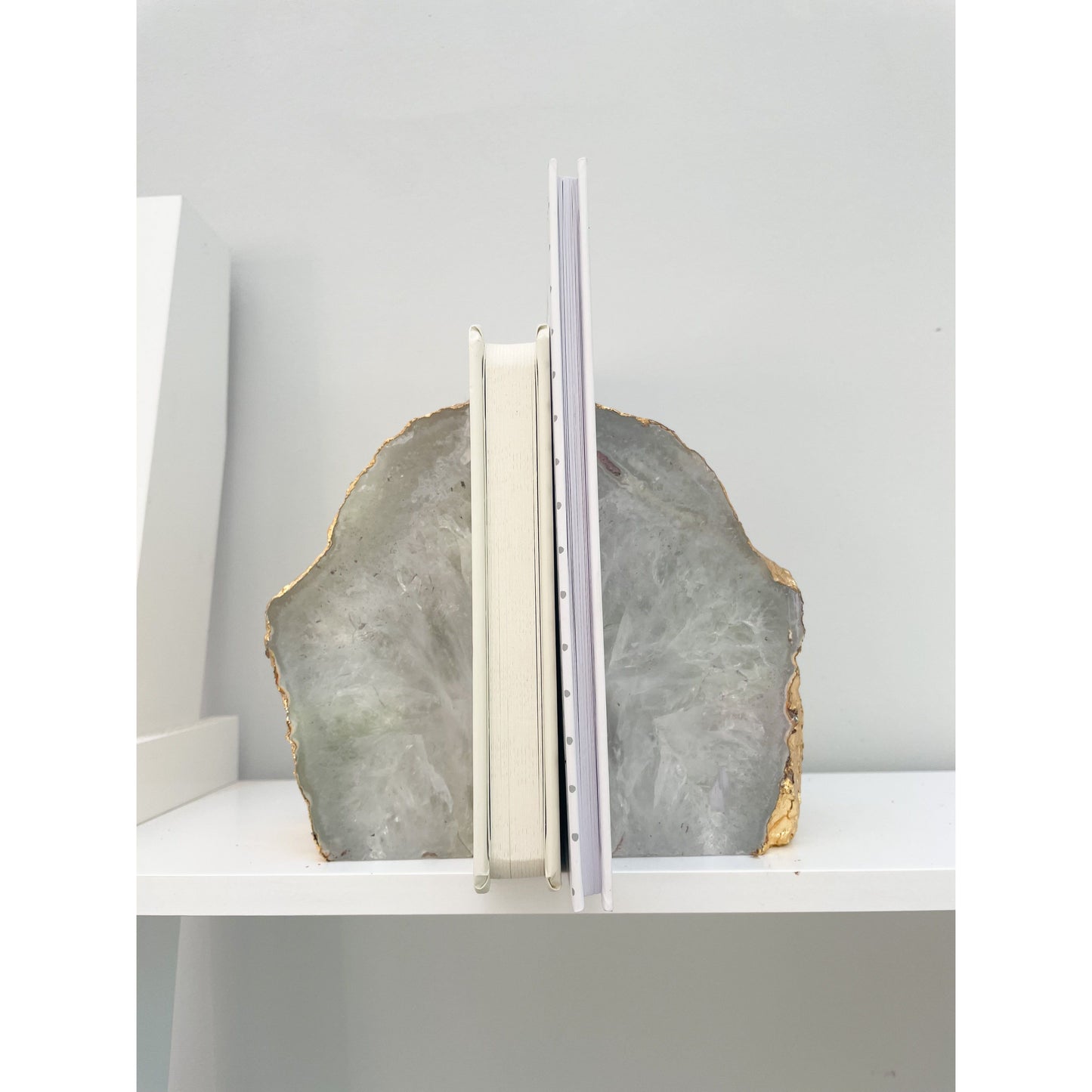 White Agate Stone Bookends with gold edge
