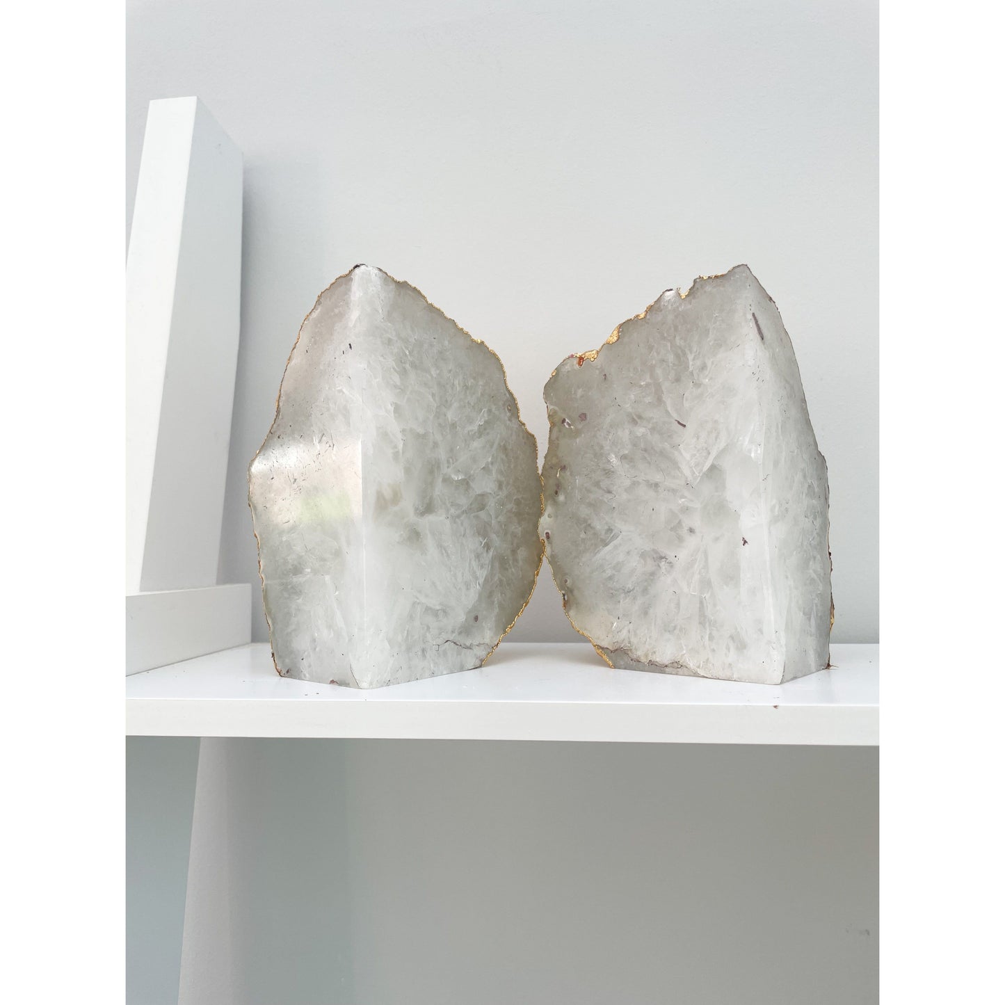 White Agate Stone Bookends with gold edge