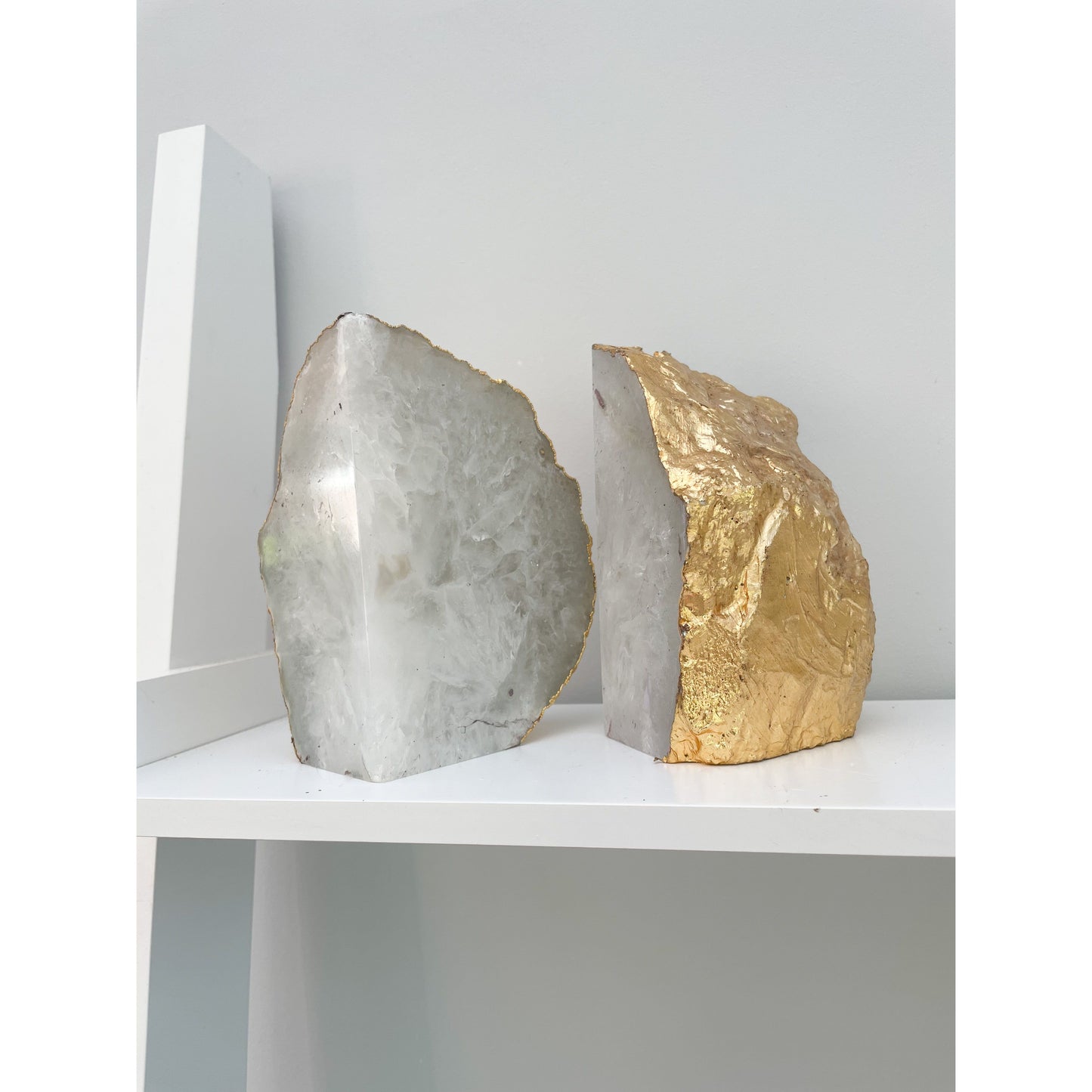 White Agate Stone Bookends with gold edge