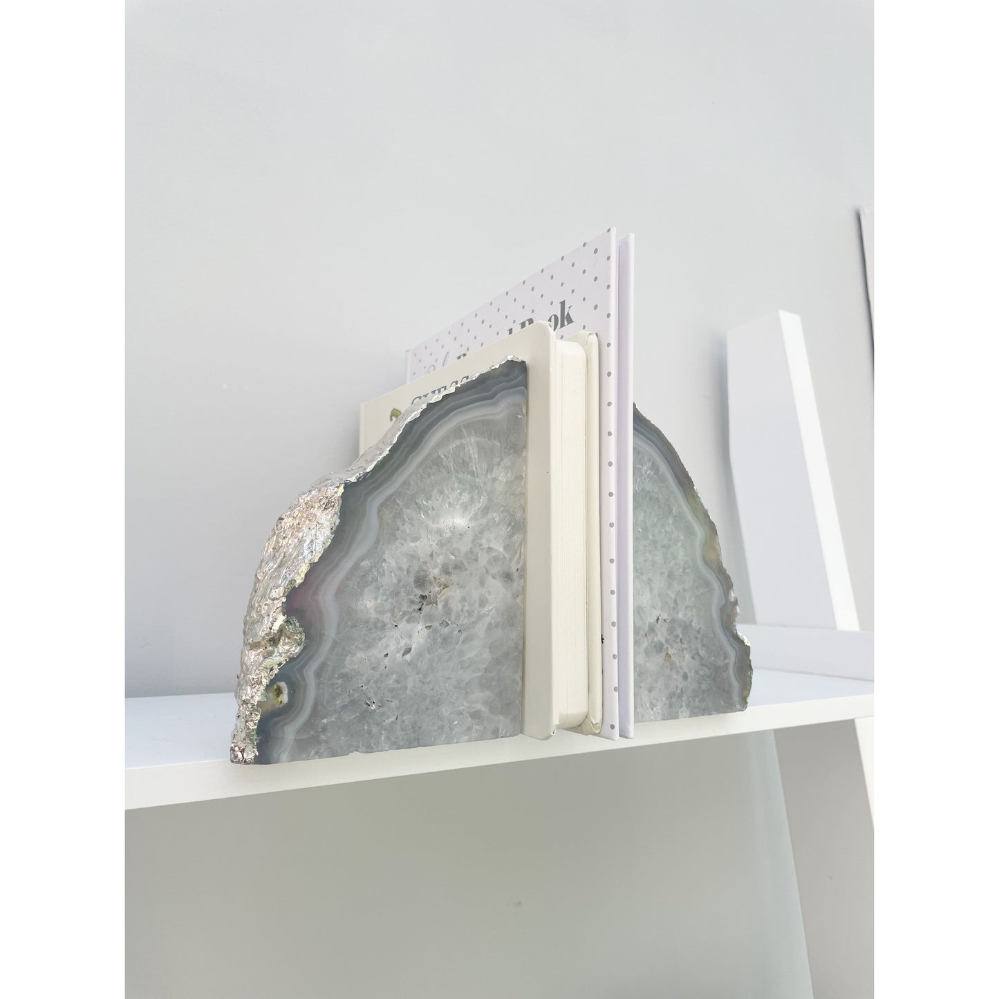 White Agate Stone Bookends With Silver Edge