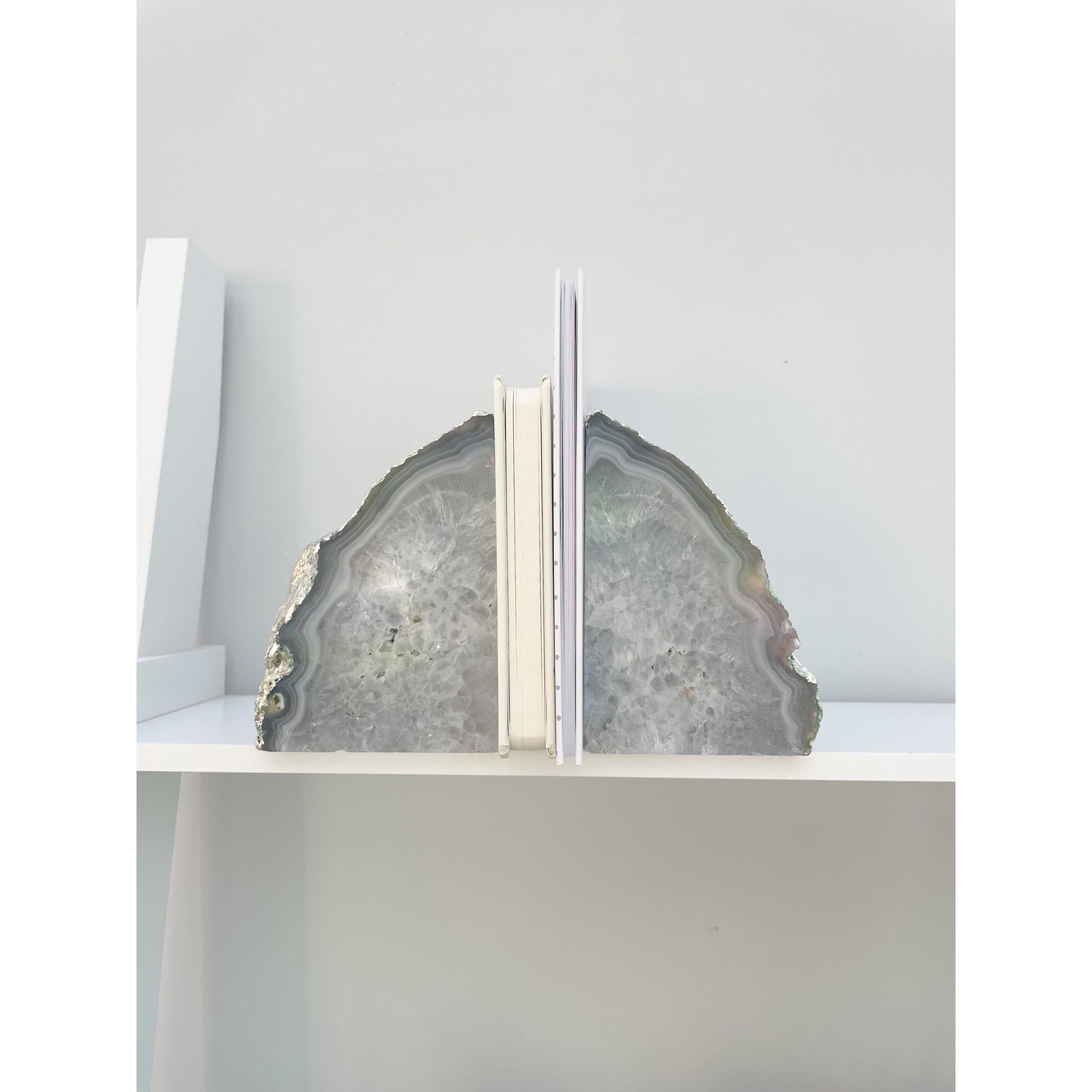 White Agate Stone Bookends With Silver Edge