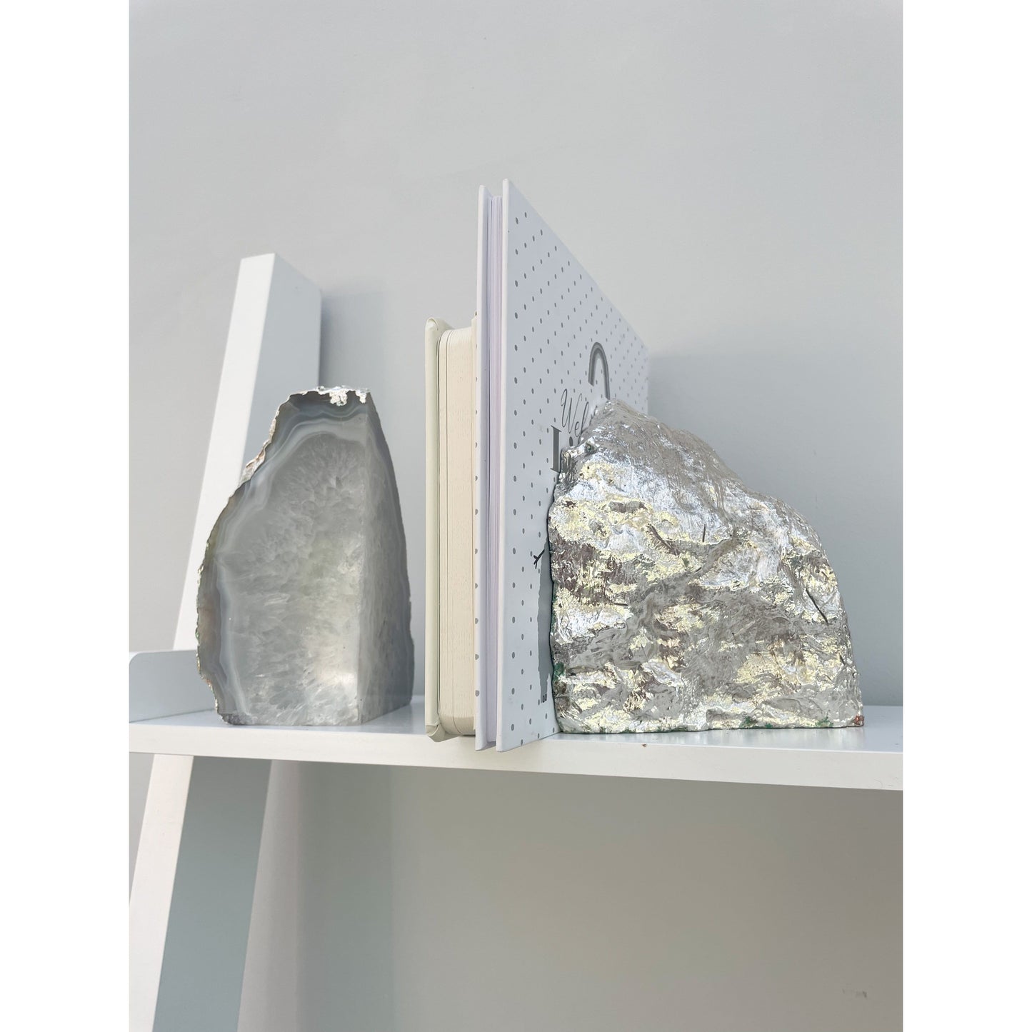 White Agate Stone Bookends With Silver Edge