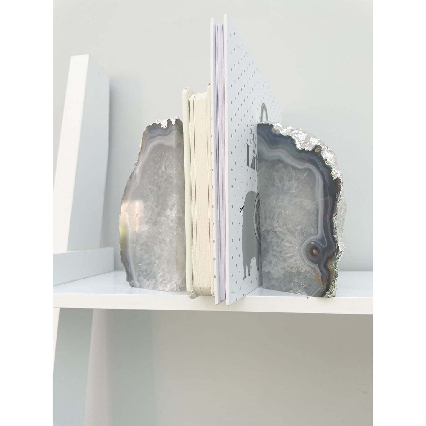 White Agate Stone Bookends With Silver Edge