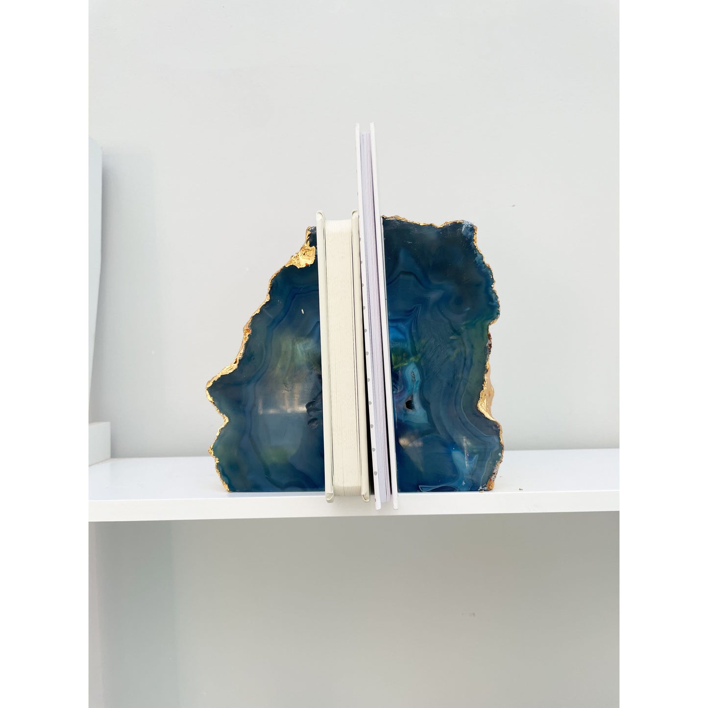 Blue Agate Stone Bookends with Gold Edge