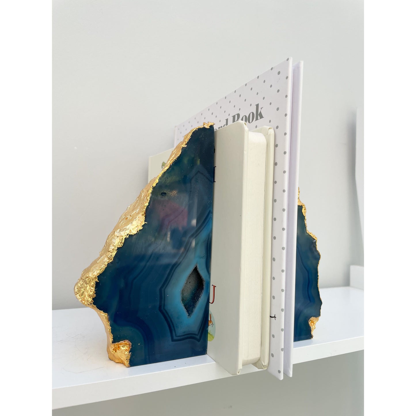 Blue Agate Stone Bookends with Gold Edge