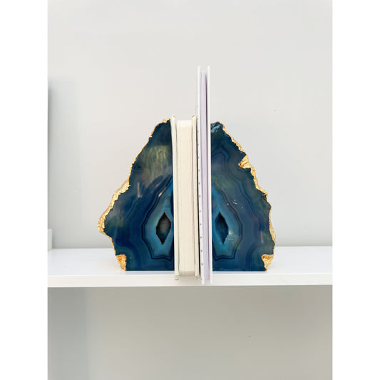 Blue Agate Stone Bookends with Gold Edge