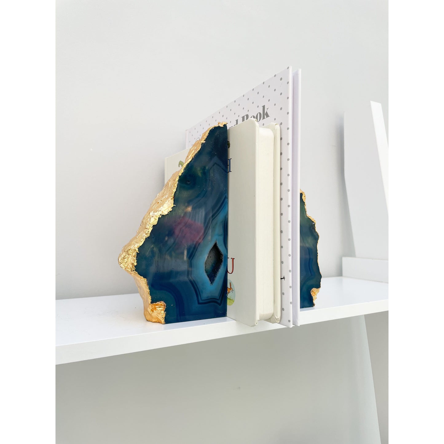 Blue Agate Stone Bookends with Gold Edge