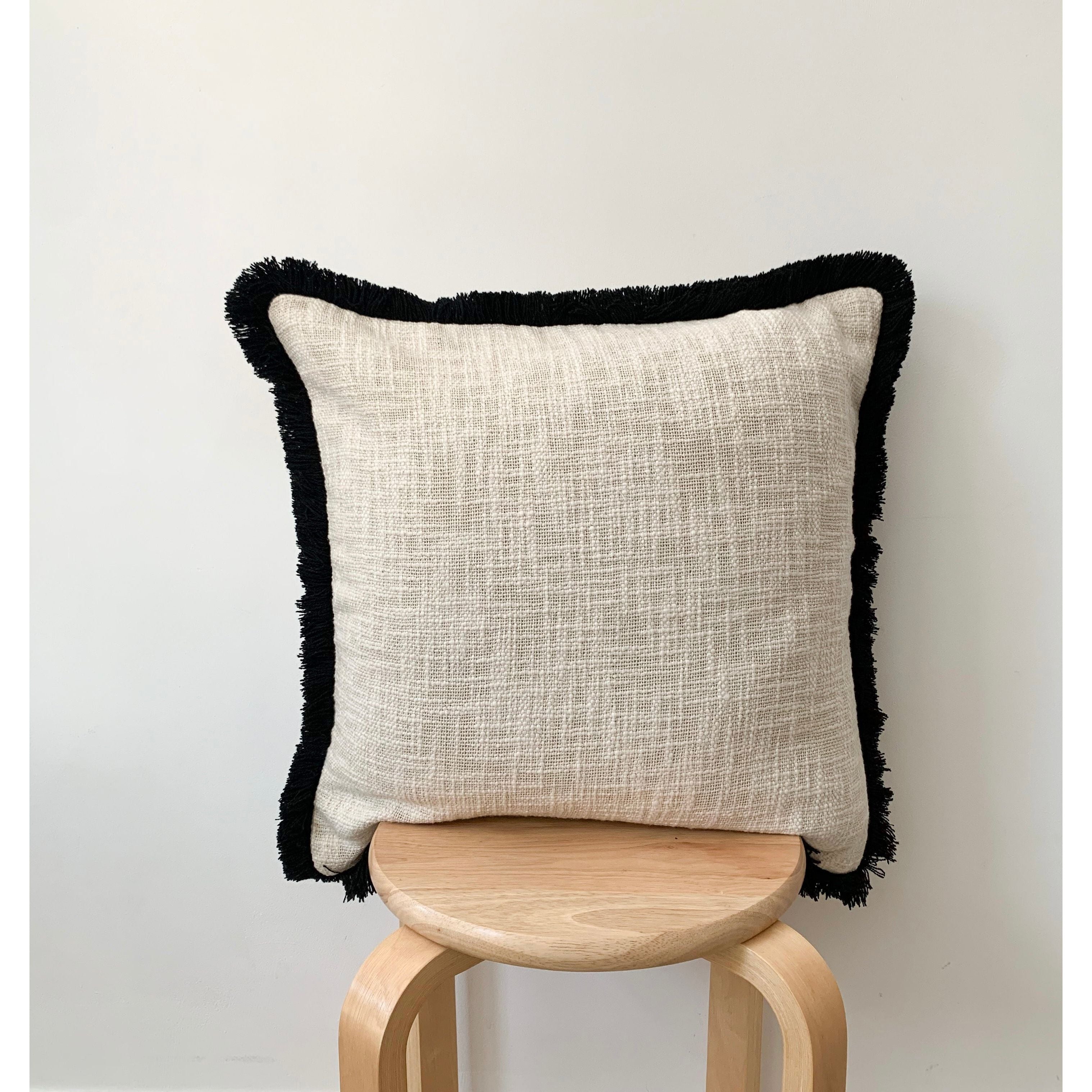 Beige and Black Fringe Cushion Cover Cotton Minimalist decorative thro Floyd Home Boutique