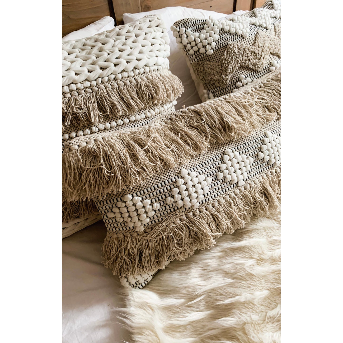 Beige Boho Tassel Lumbar Cushion Cover - Nula