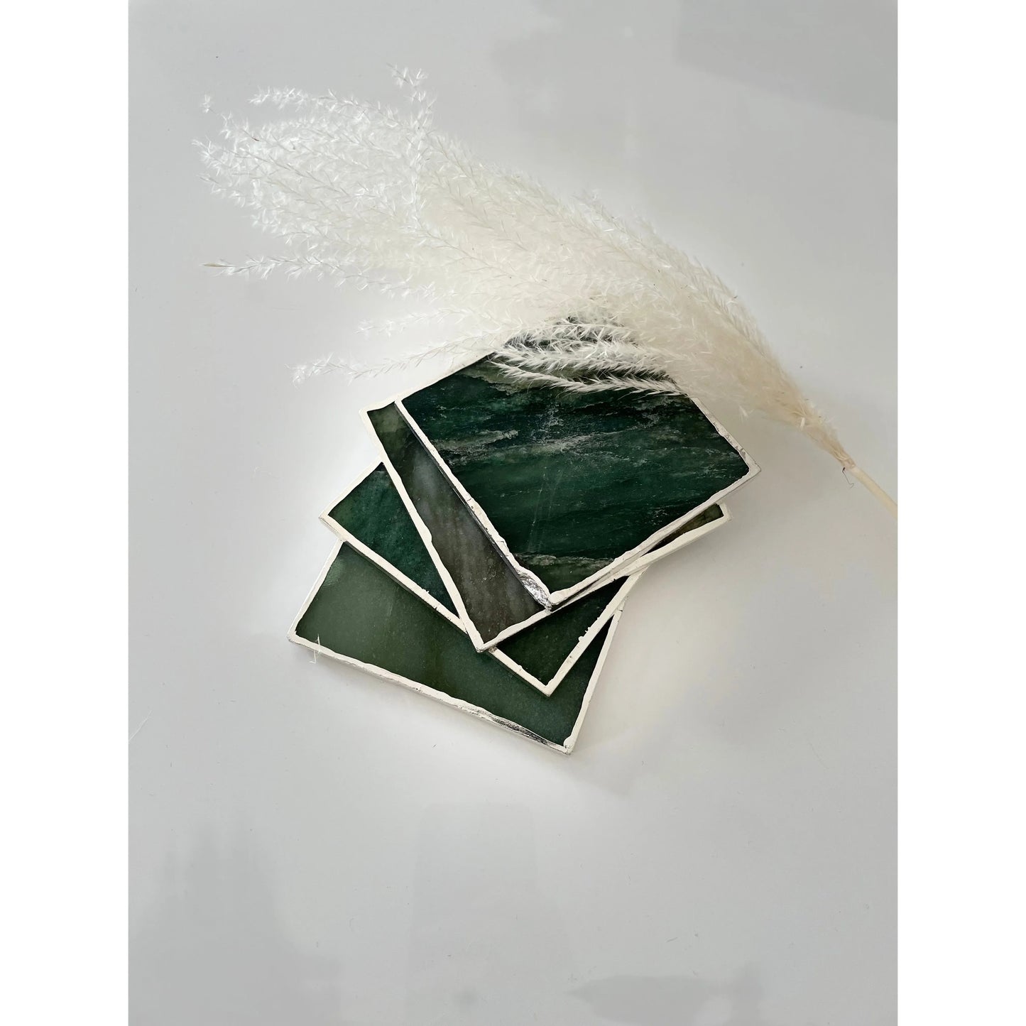 Green Agate Stone Coasters with Silver Edge