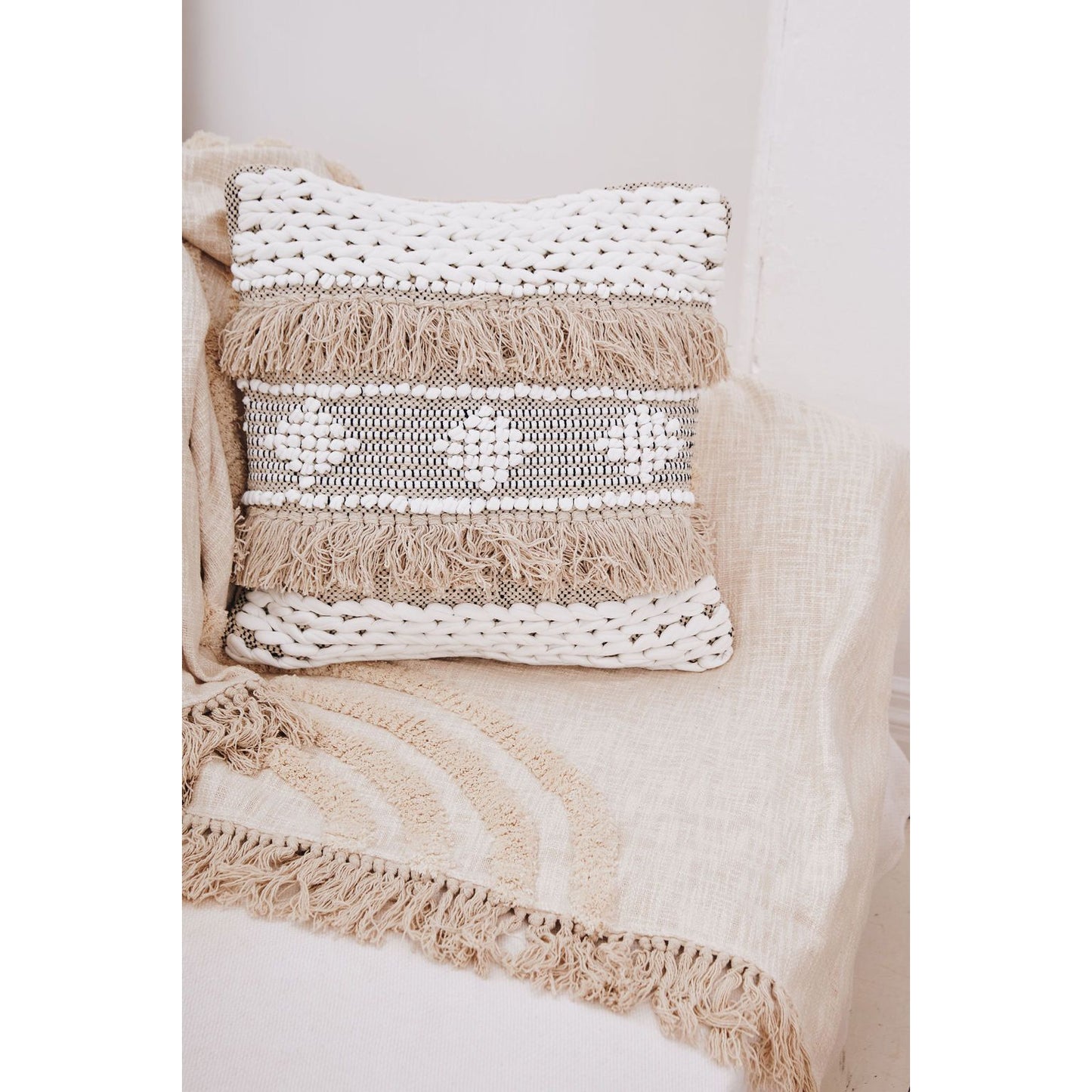 Beige Tufted Tassel Cotton Cushion Cover - 150 x 130cm