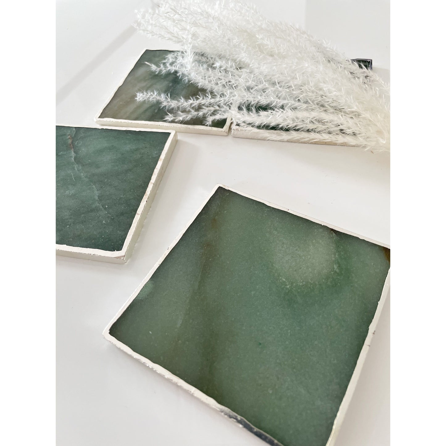 Green Agate Stone Coasters with Silver Edge
