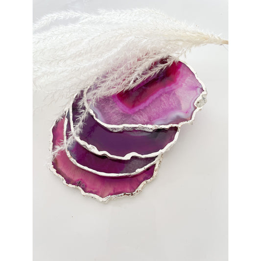 Agate Pink Stone Coasters with Silver Edge