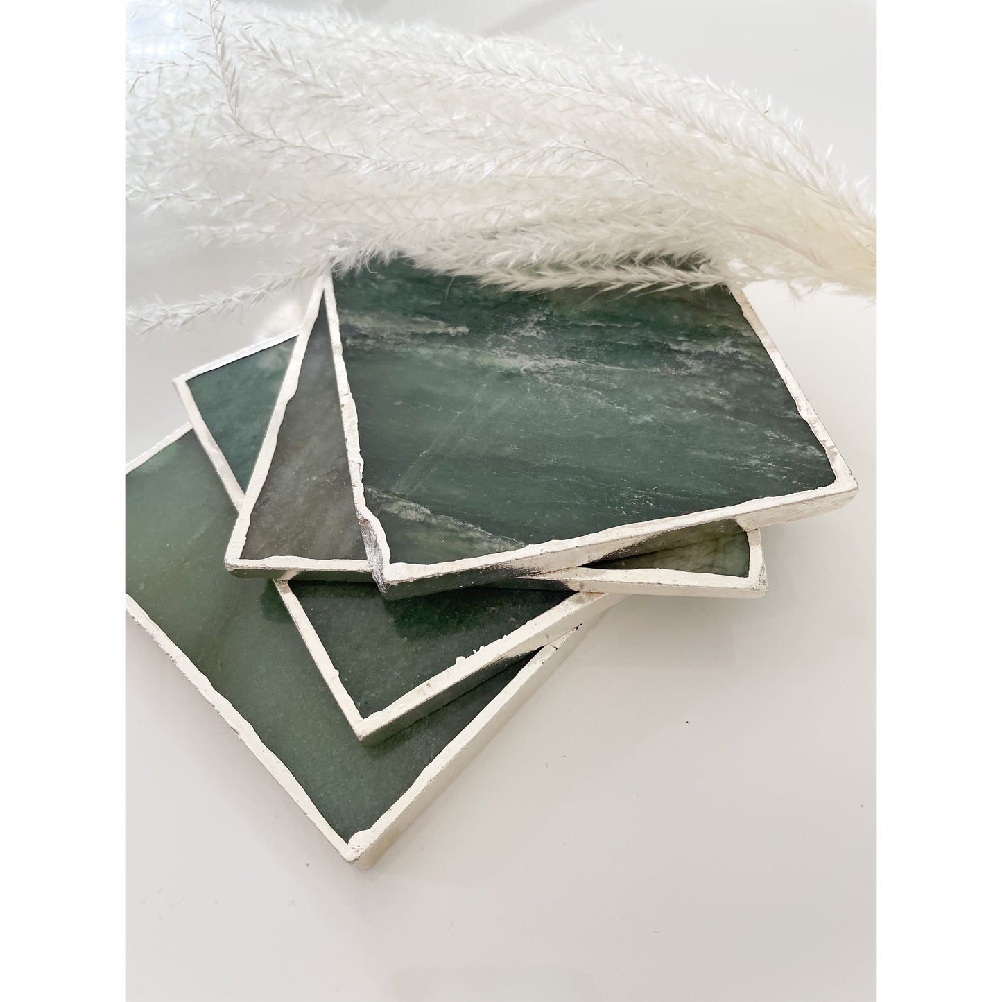 Green Agate Stone Coasters with Silver Edge